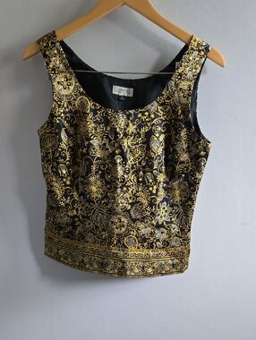 Black and Gold Floral Print 100% Silk Tahari Arthur S Levine Tank Top Size 8
